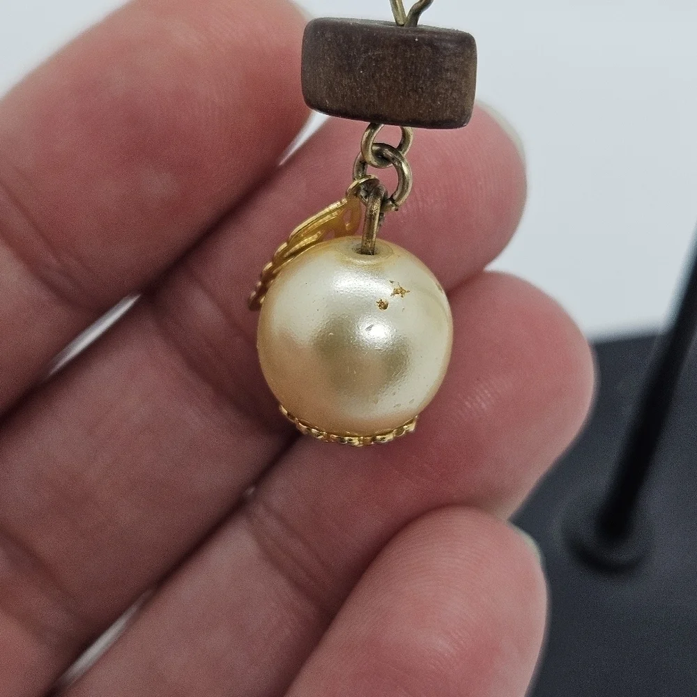 champagne colored faux pearl dangle earrings with wood beads